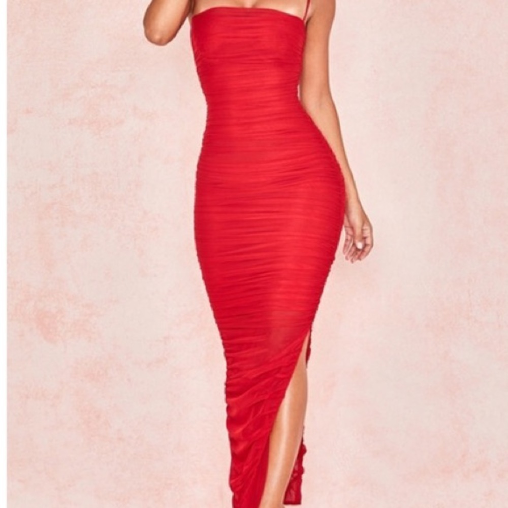 Red mesh ruched dress with slit